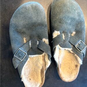 Birkenstock Blue Suede Shearling Clogs